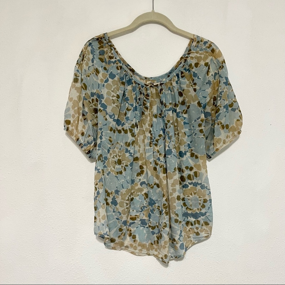 Lucky Brand Light Blue & Tan Short Sleeve Peasant Blouse